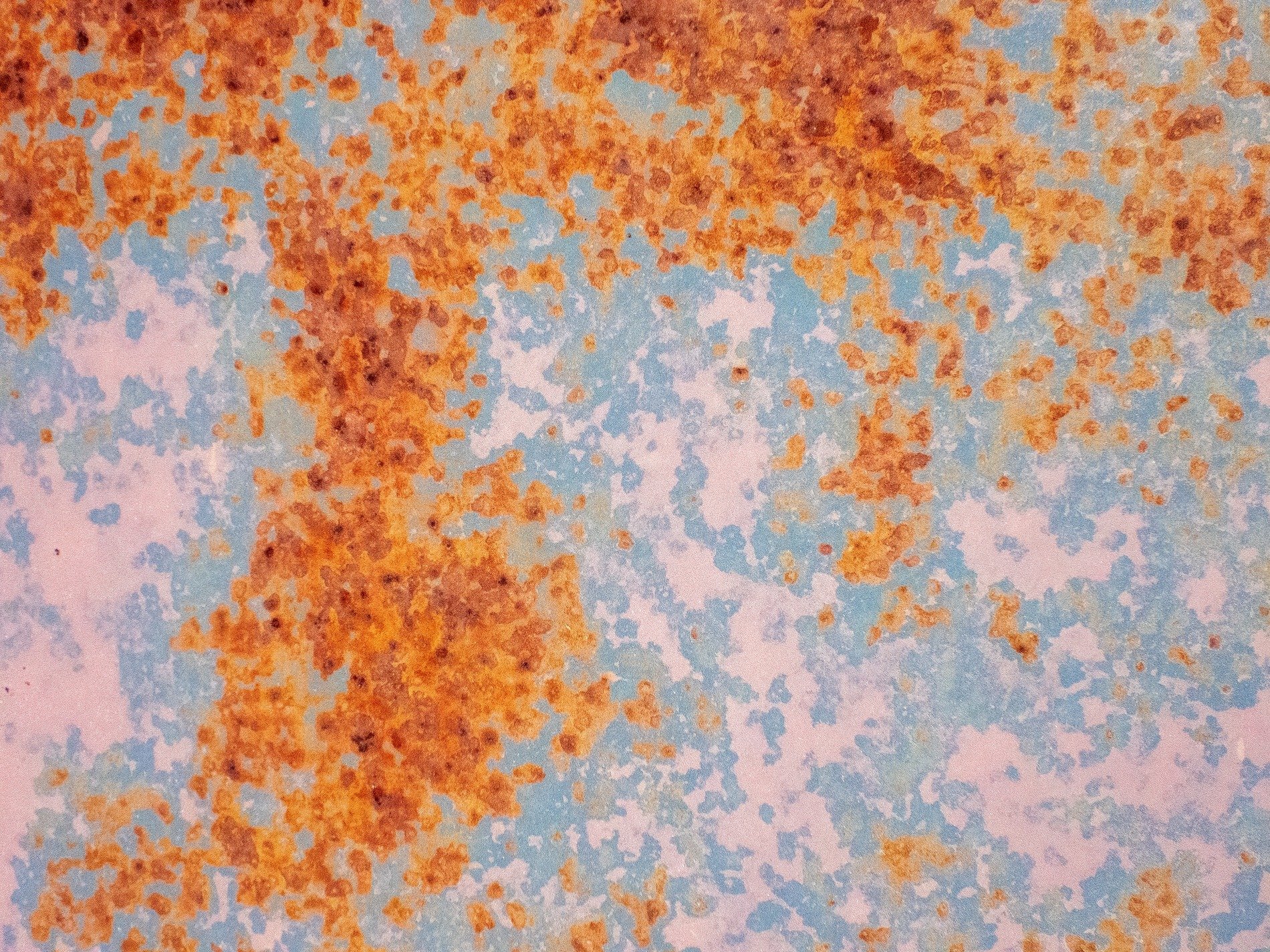 Orange rust blooms out, blue paint fades in mottled spots, iron turns to dust