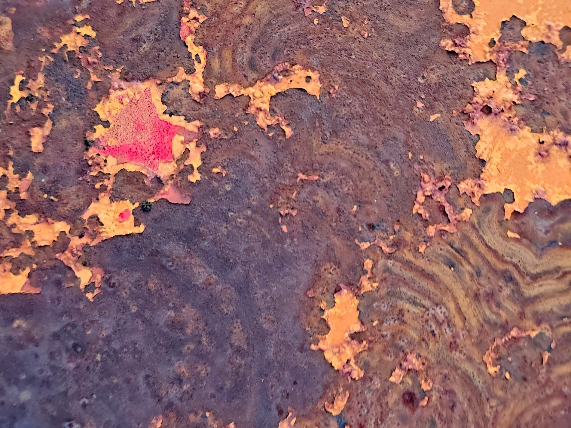 Peeling orange paint, swirling rust eats through metal, colors fade to brown