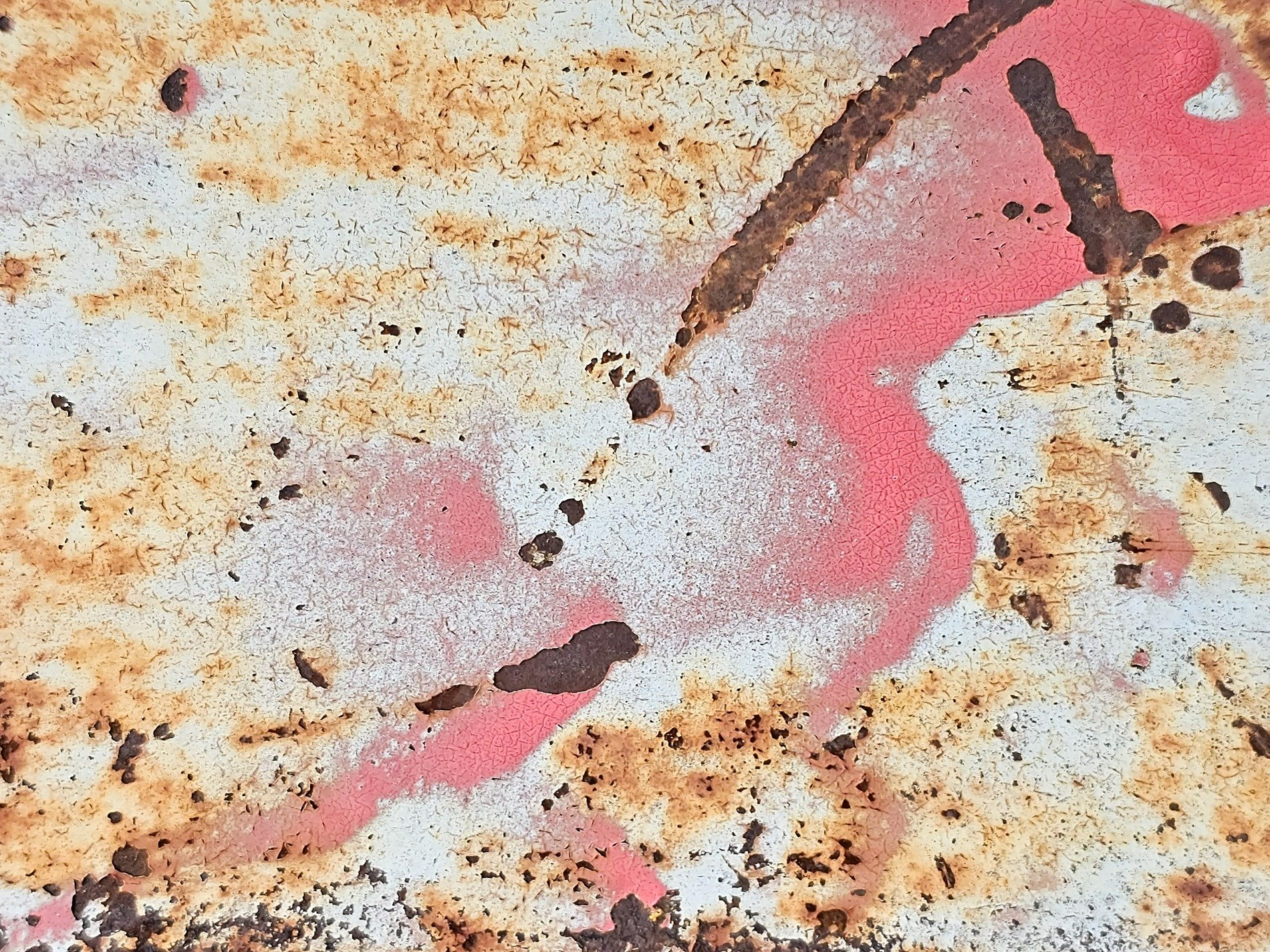 Pink paint fades away, rust eats through the metal sheet, time peels back the layers