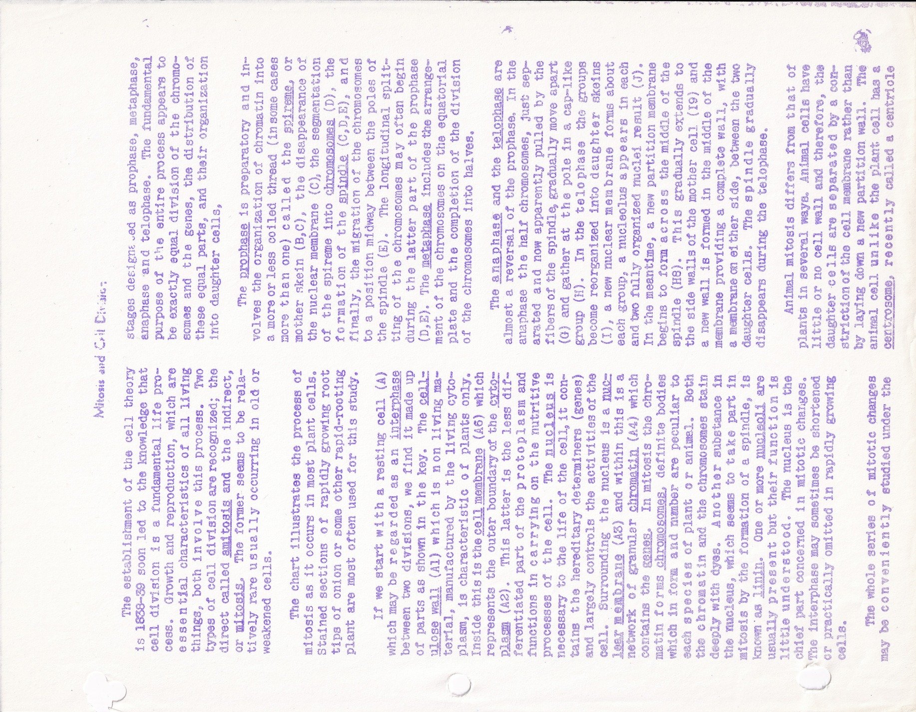 Purple ink on white, science text fills out the page, old paper holds words