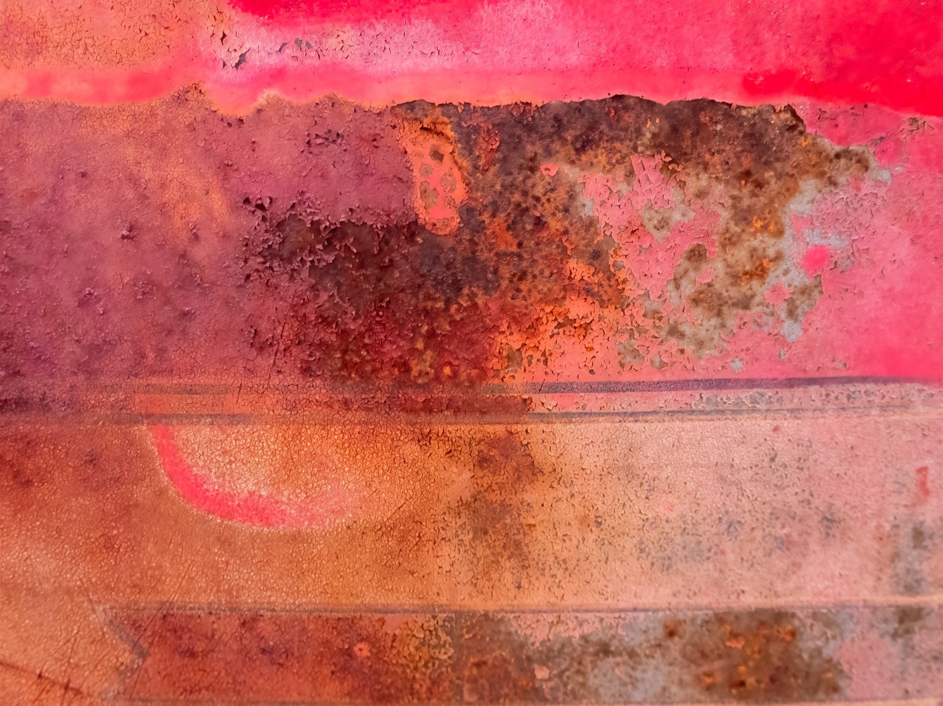 Pink paint starts to peel, iron rusts beneath the heat, layers fade away