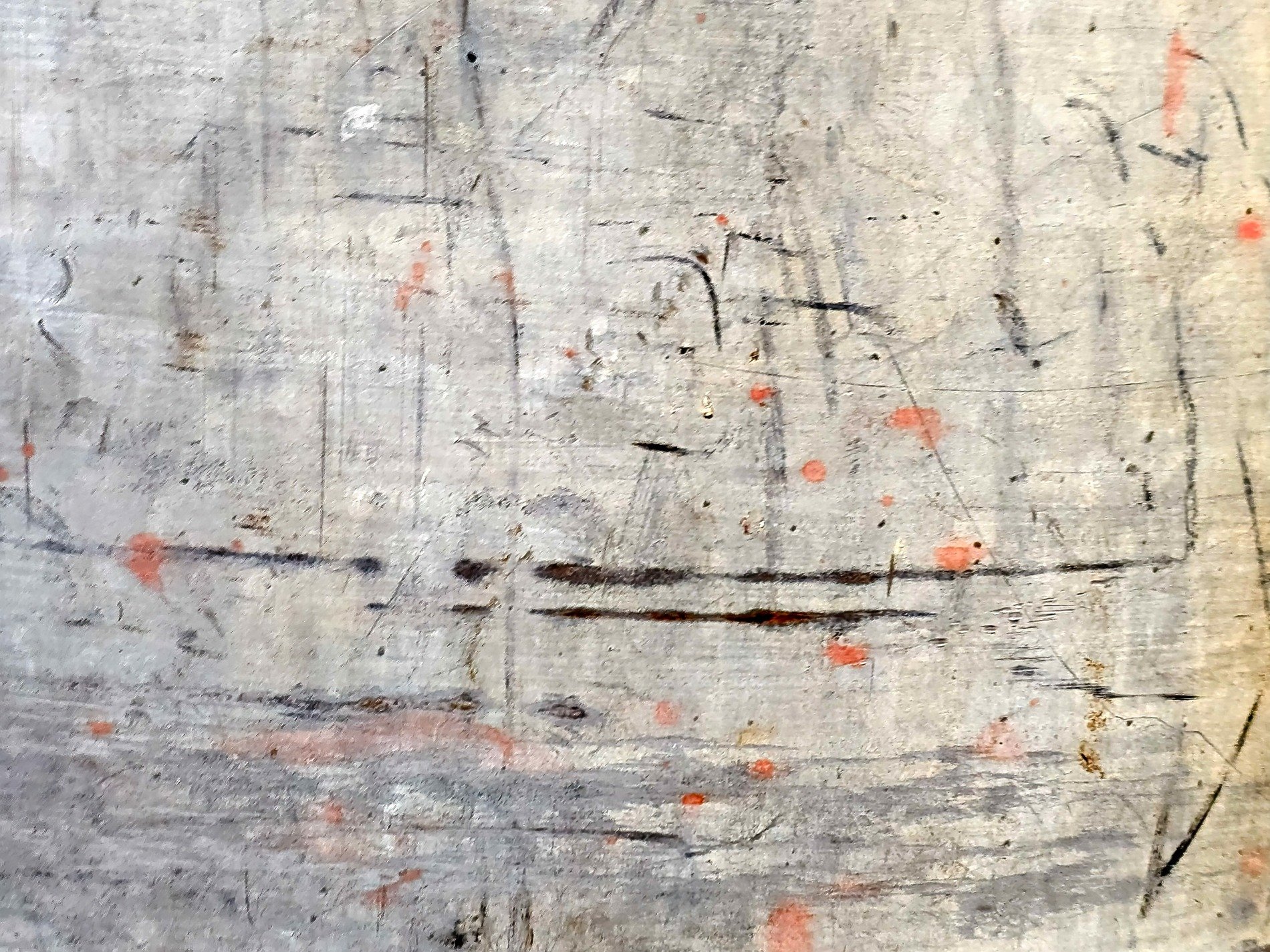 Scratches mar the wood, charcoal lines cross orange paint, time etches the board