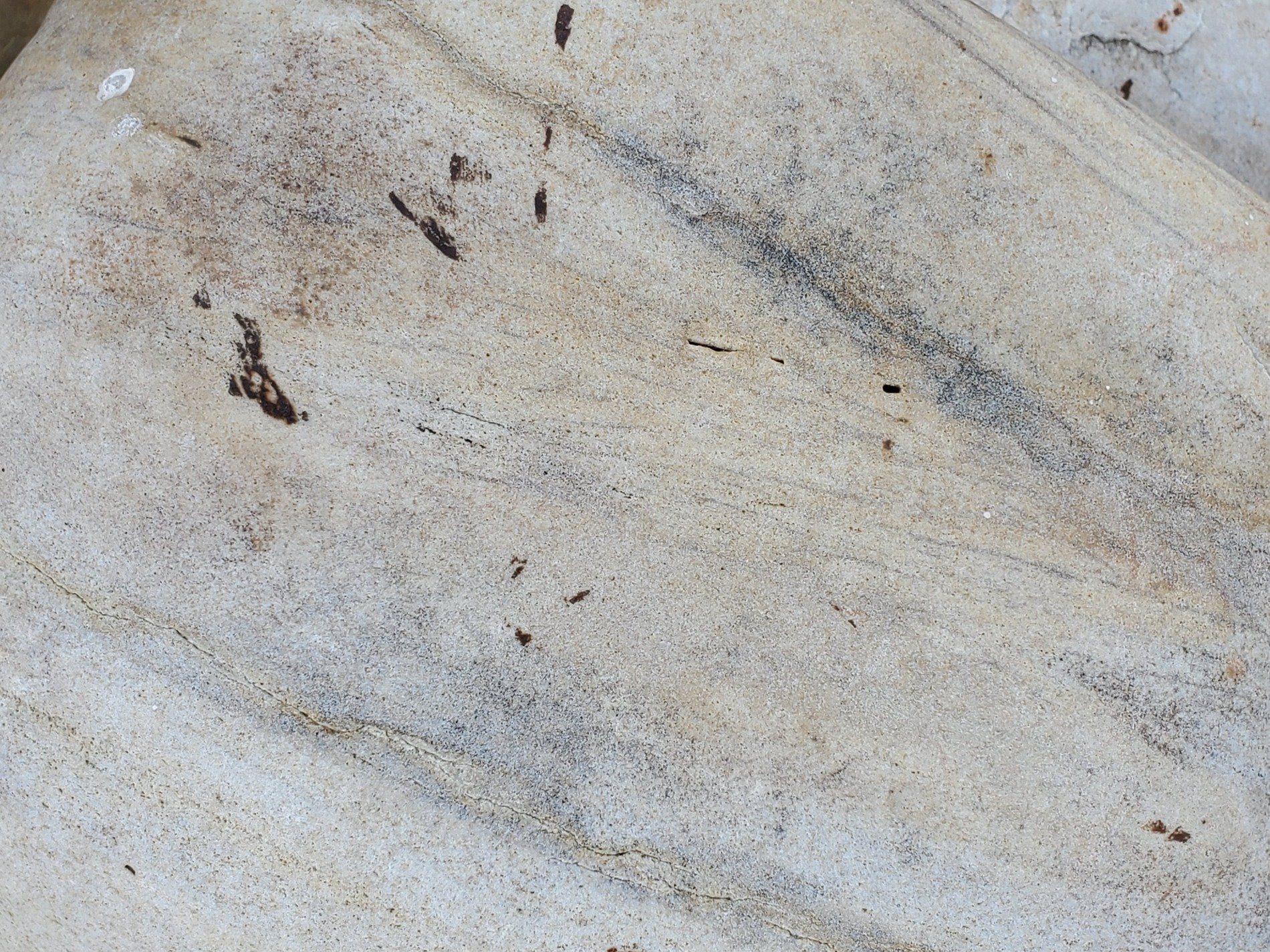 Smooth beige stone curved round, dark veins trace across the face, time flows through the grain