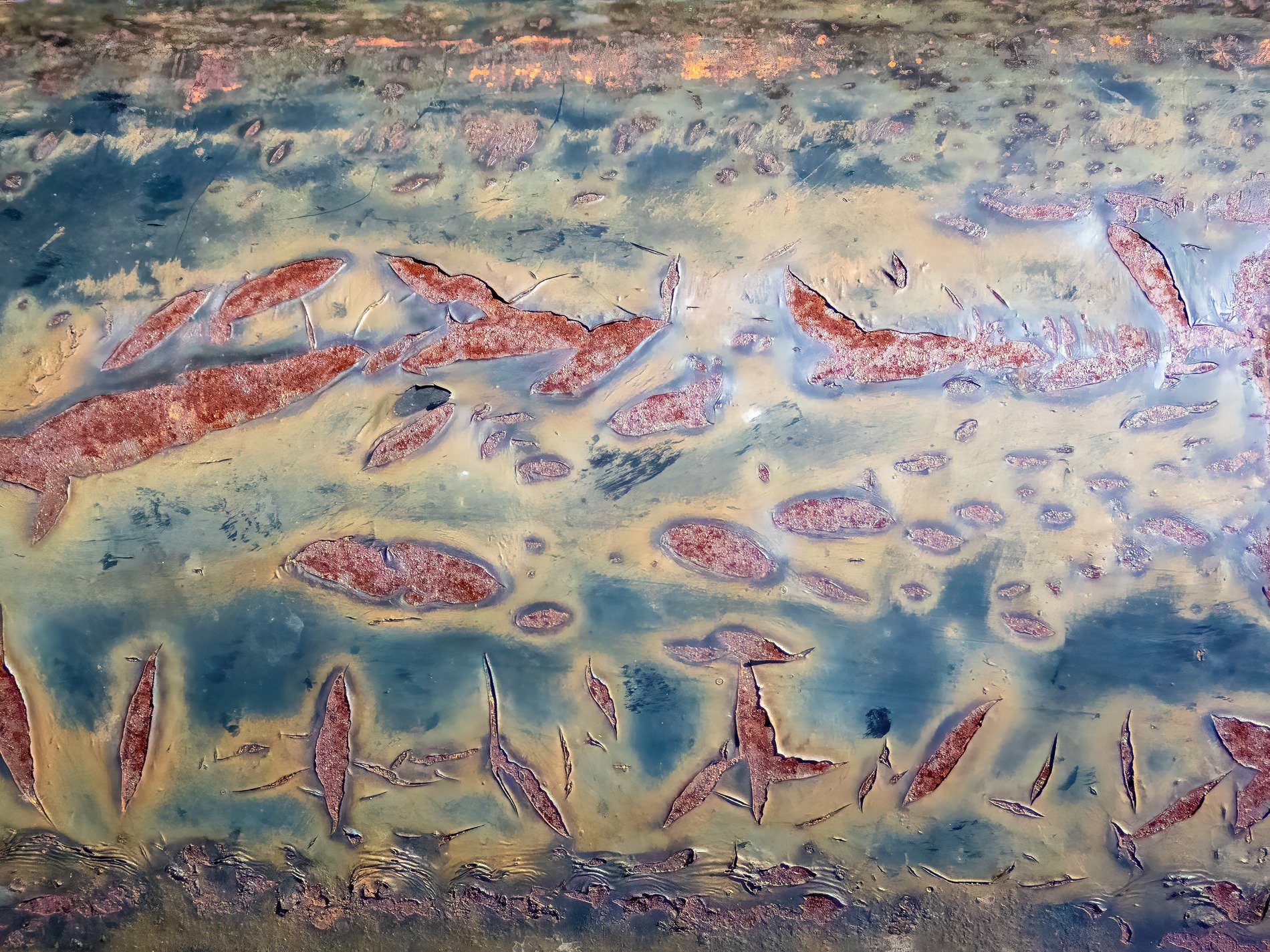 Teal paint peels away, red rust blooms in jagged gaps, weathered metal skin