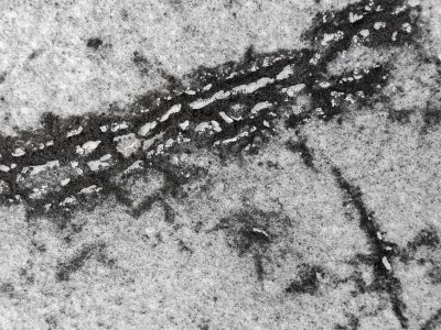 Black paths meet the grey, vertical streaks trace the field, light carves the surface