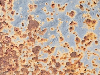 Blue paint flakes away, orange oxidation blooms, iron turns to dust