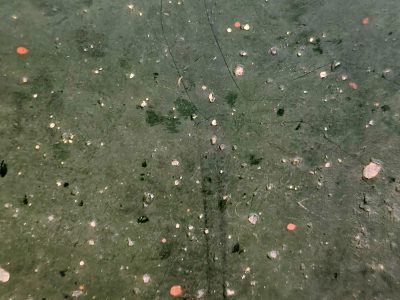 Dark green skin of stone, orange dots like distant stars, cracks map out the path