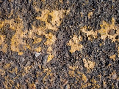 Golden paint flakes, rough grey stones hide beneath, time wears down the line