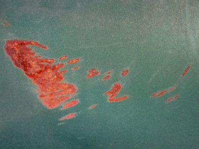 Green skin holds the red, jagged spots bloom on top, time marks the surface