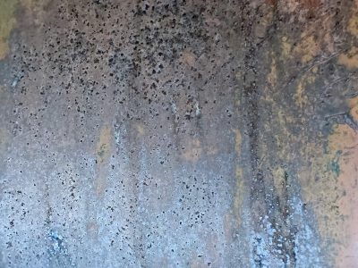 Rust blooms on the sheet, blue frost clings to aged metal, time pits every inch