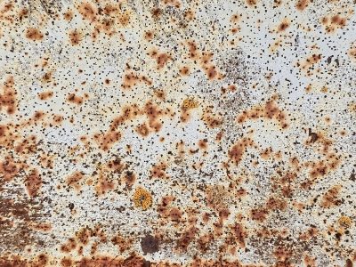 Lichen spots meet the white, orange grit claims the metal, years leave a deep trace