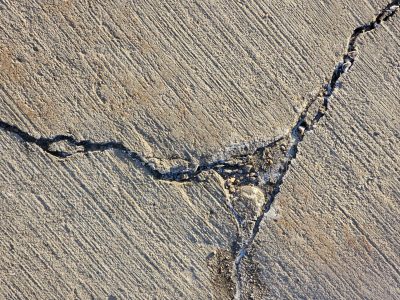 Lines etched in the stone, deep shadows split the pavement, earth breaks through the grey