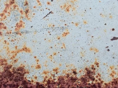 Orange blooms on blue, iron flakes beneath the paint, decay eats the edge