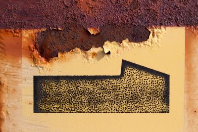 Iron turns to dust, yellow paint curls from the edge, stenciled signs remain