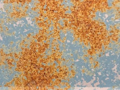 Orange rust blooms wide, blue paint flakes from metal skin, time carves out the mark