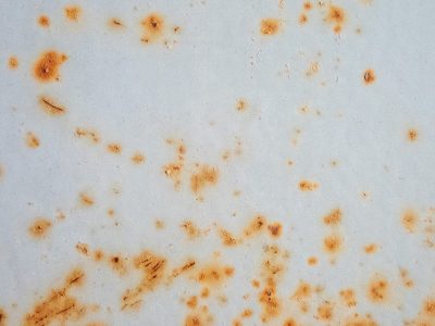 Orange spots on gray, rust blooms across metal skin, decay finds its hold