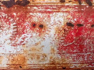 Red fields meet the white, jagged paths trace the heavy, light carves the metal