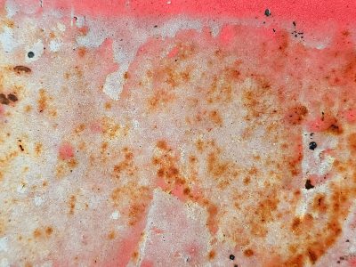 Red paint starts to fade, orange rust blooms on metal, time claims every edge