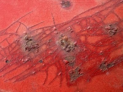 Red skin cracks and fades, bubbles rise from metal deep, rust claims the surface