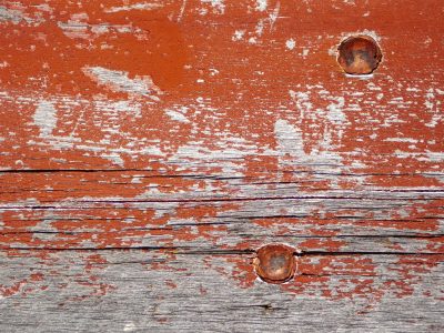 Red skin flakes away, rusty eyes watch the grey grain, time marks the old wood