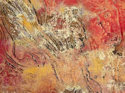 Red swirls meet the gold, heavy grains crust on the skin, paint flows in the light