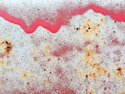 Red trails haunt the white, vertical drips trace the heavy metal, grit marks the finish