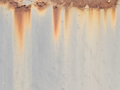 Rust bleeds from the top, orange streaks stain the gray paint, metal starts to age