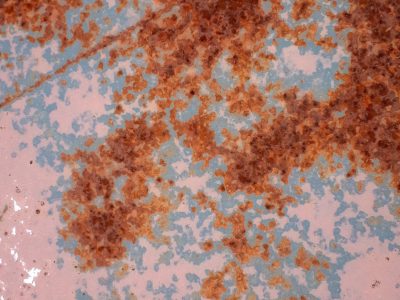 Rust blooms on the steel, blue paint flecks the iron skin, metal yields to time