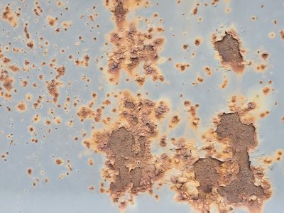 Rust breaks through the paint, orange blooms across the grey, time consumes the steel