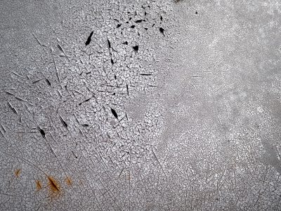 Silver skin cracks fast, jagged lines trace the field, rust shows at the edge