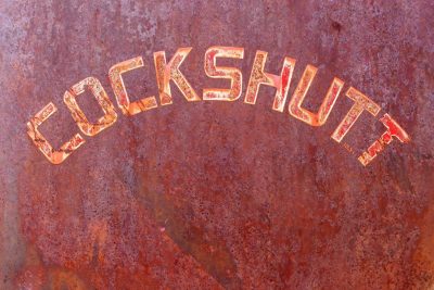 Stenciled black on rust, jagged paths trace the metal, time claims the message