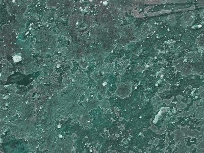 Teal skin peels away, white salt blooms on the surface, layers of decay