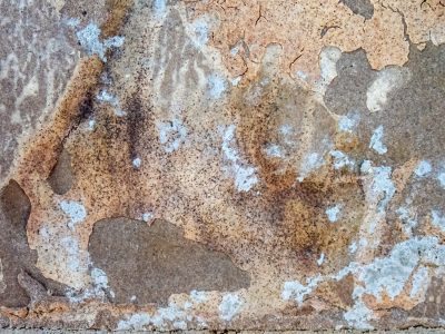 Weathered paint recedes, stony surface shows its age, layers start to flake