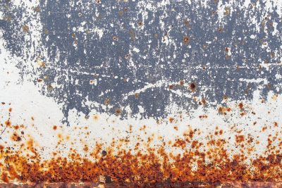 White chips on the blue, metal skin begins to peel, orange rust takes hold