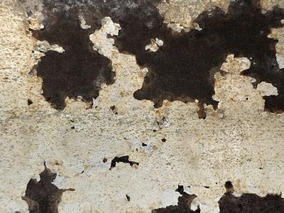 White paint flakes away, dark metal shows through the cracks, time peels back the layers