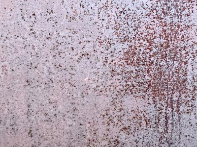 White skin has red spots, vertical streaks trace the field, grit marks the finish