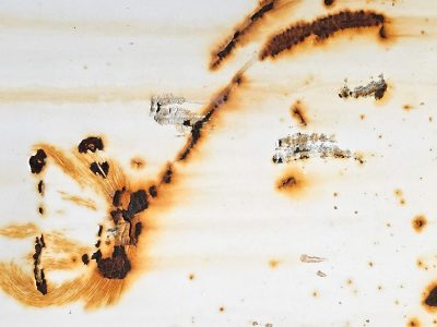 White surface decays, orange bloom breaks through the paint, iron weeps in lines