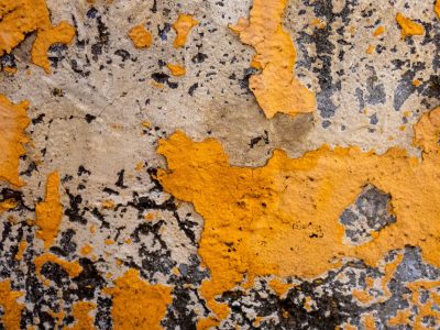 Yellow flakes away, mottled stone reveals its face, cracks divide the wall