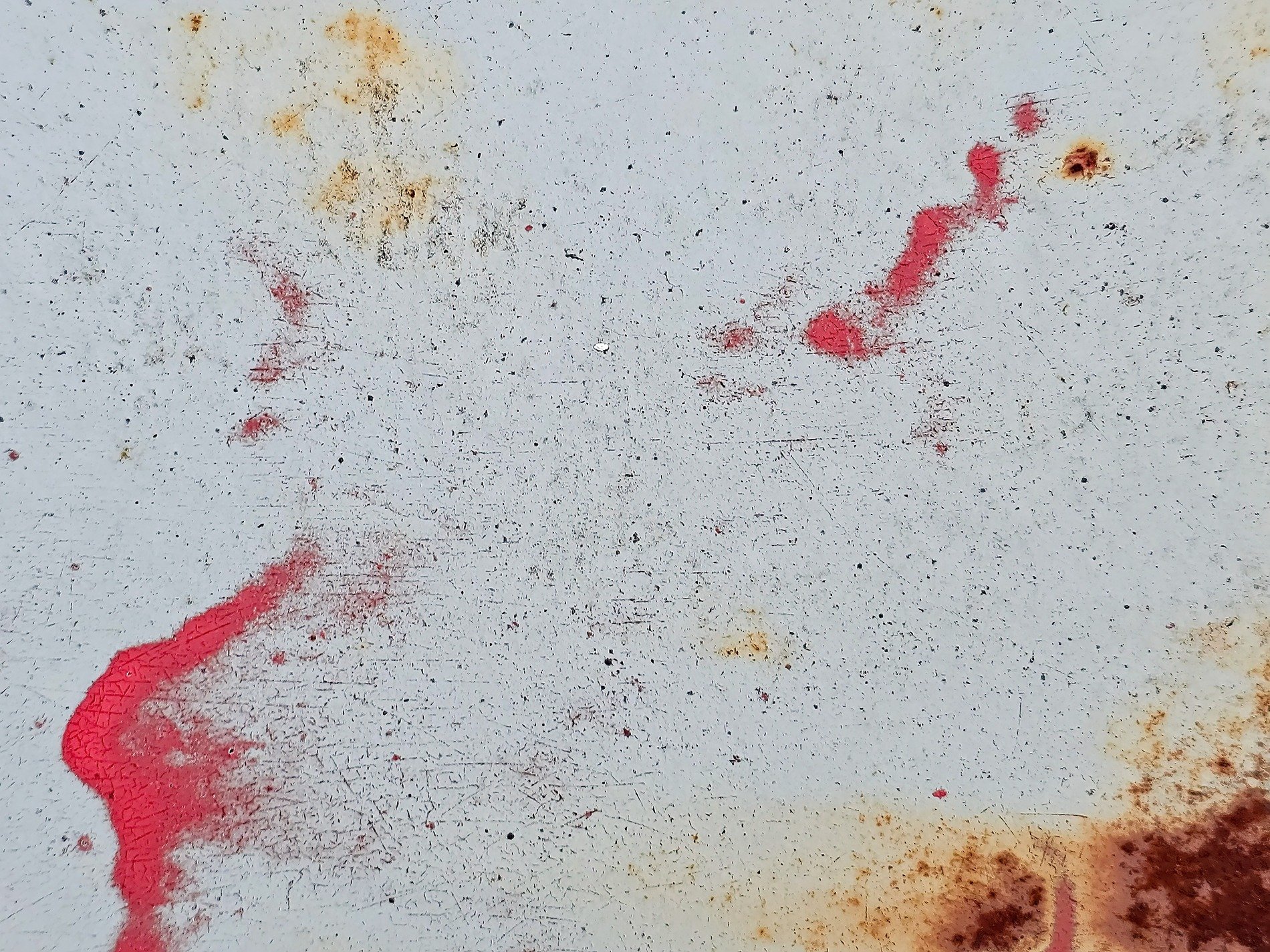 White paint bears the scars, crimson splashes mar the steel, rust blooms in corners