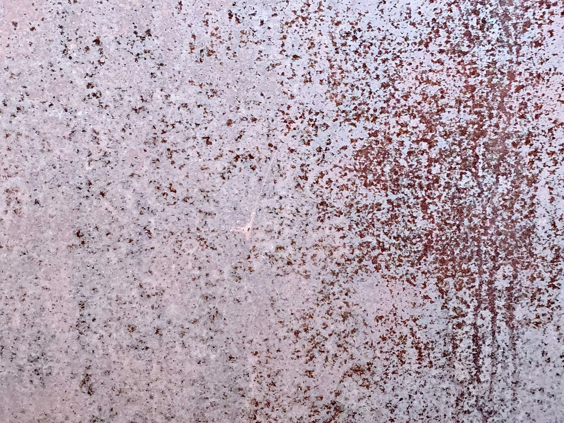 White skin has red spots, vertical streaks trace the field, grit marks the finish