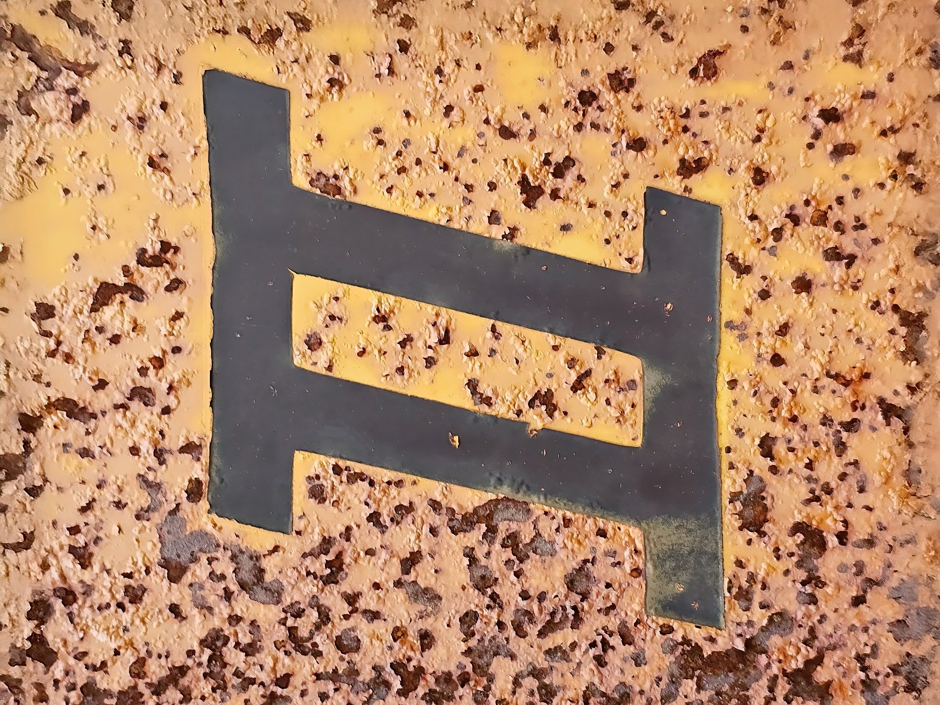 Yellow paint decays, dark sign sits amidst the rot, metal turns to dust