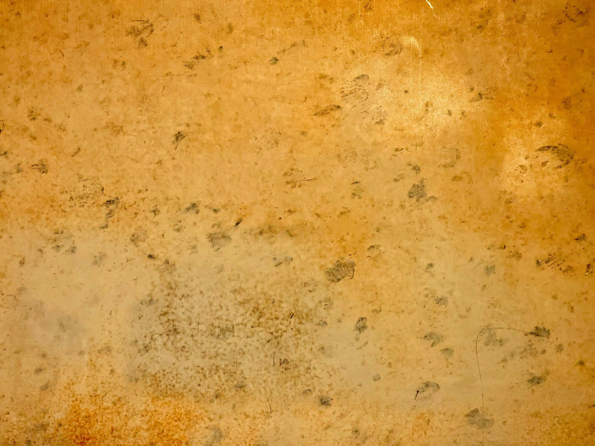Golden surface fades, mottled stains across the plane, shadows leave their mark