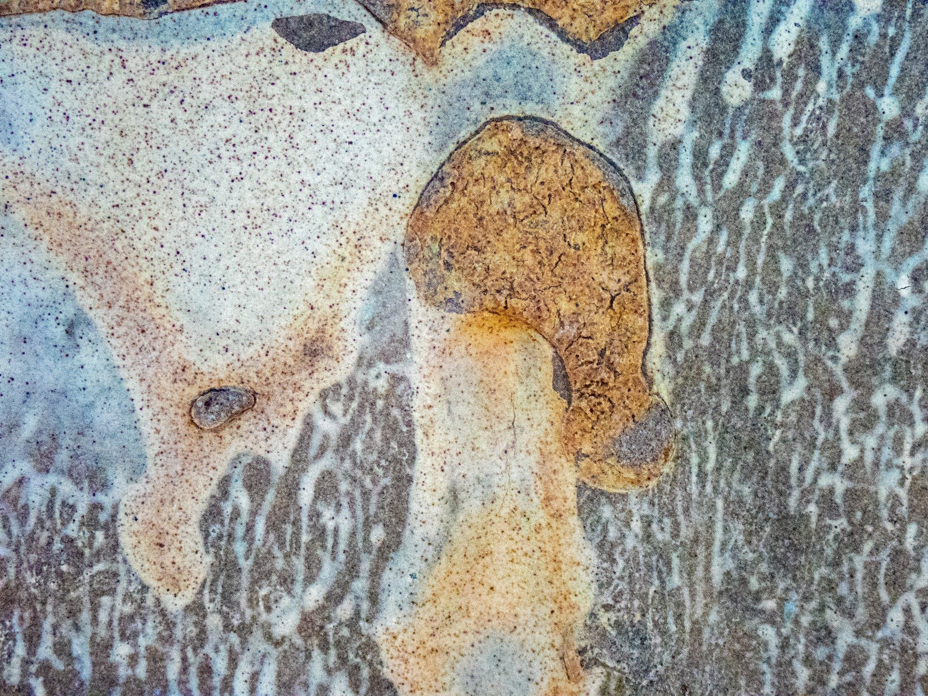 Ochre spills on stone, mottled patterns bloom in grey, time stains the surface