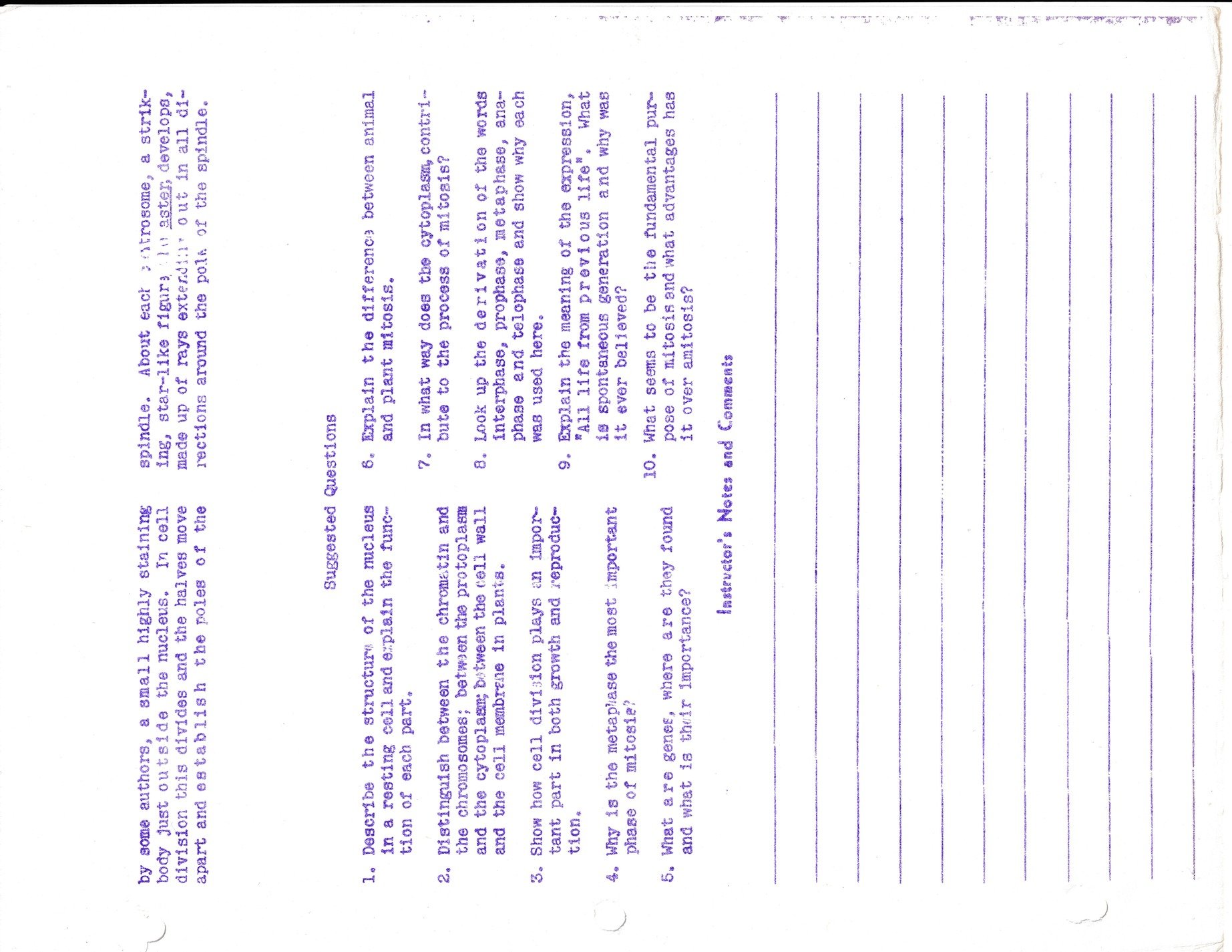 Purple lines endure, mitosis taught on old sheets, ink from yesteryear
