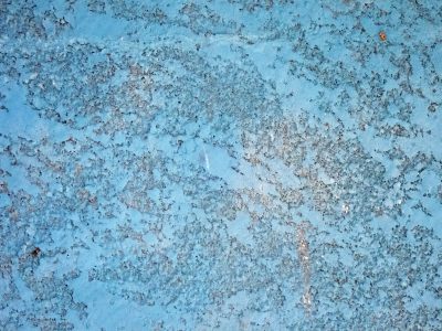 Blue paint fades away, rough concrete shows through skin, grit marks every inch