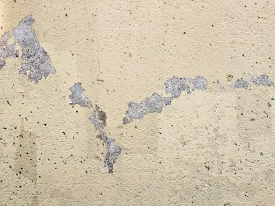 Cream paint flakes away, rough grey stone reveals itself, time wears down the face