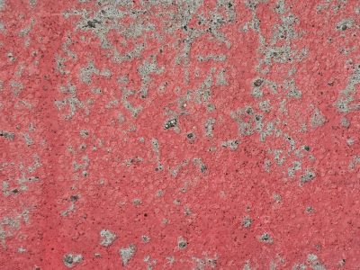 Crimson skin wears thin, rough grey concrete peeks through, time erodes the ground
