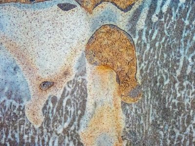 Ochre spills on stone, mottled patterns bloom in grey, time stains the surface