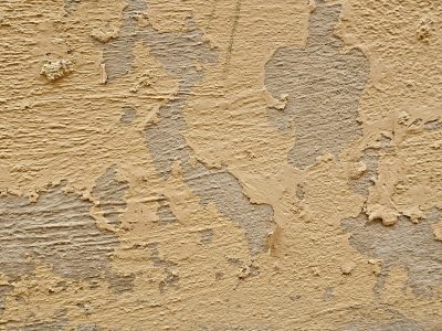 Tan layers crumble, rough concrete breaks through the skin, age claims the surface