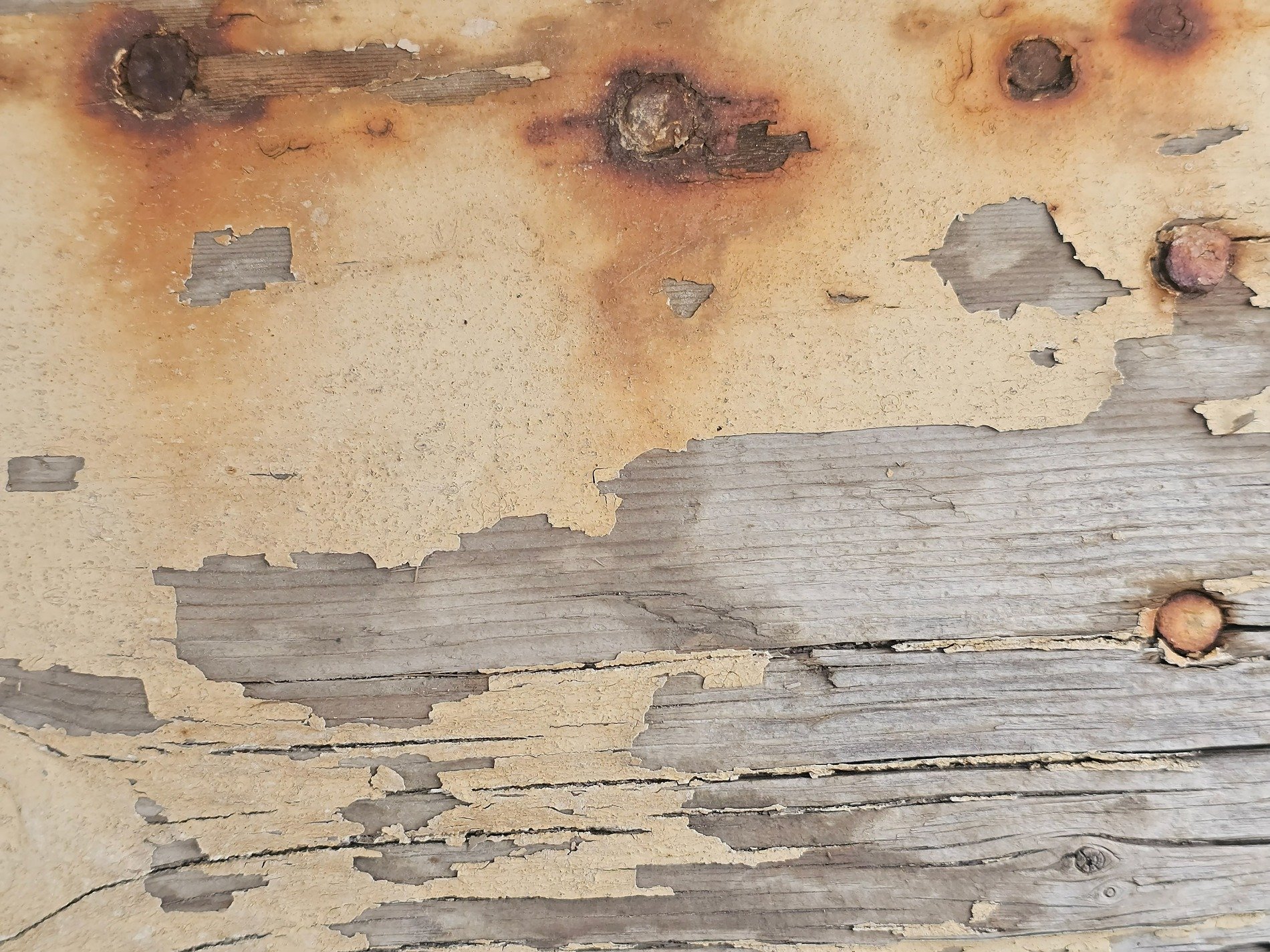 Yellow paint peels back, rusted nails hold weathered grain, time flakes the surface
